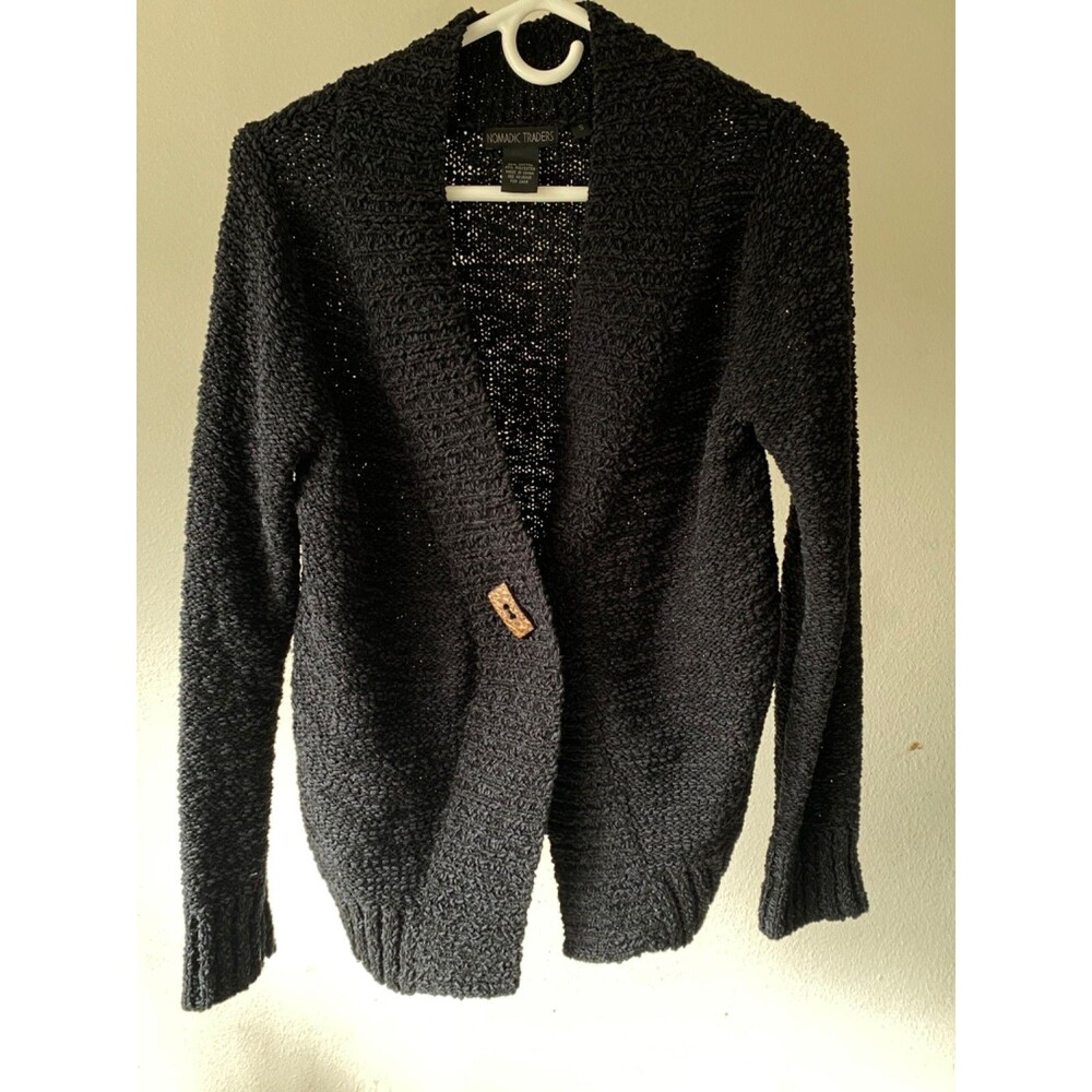 Nomadic Traders Black Textured Knit Cardigan - Small - Artsy Boho Toggle Sweater